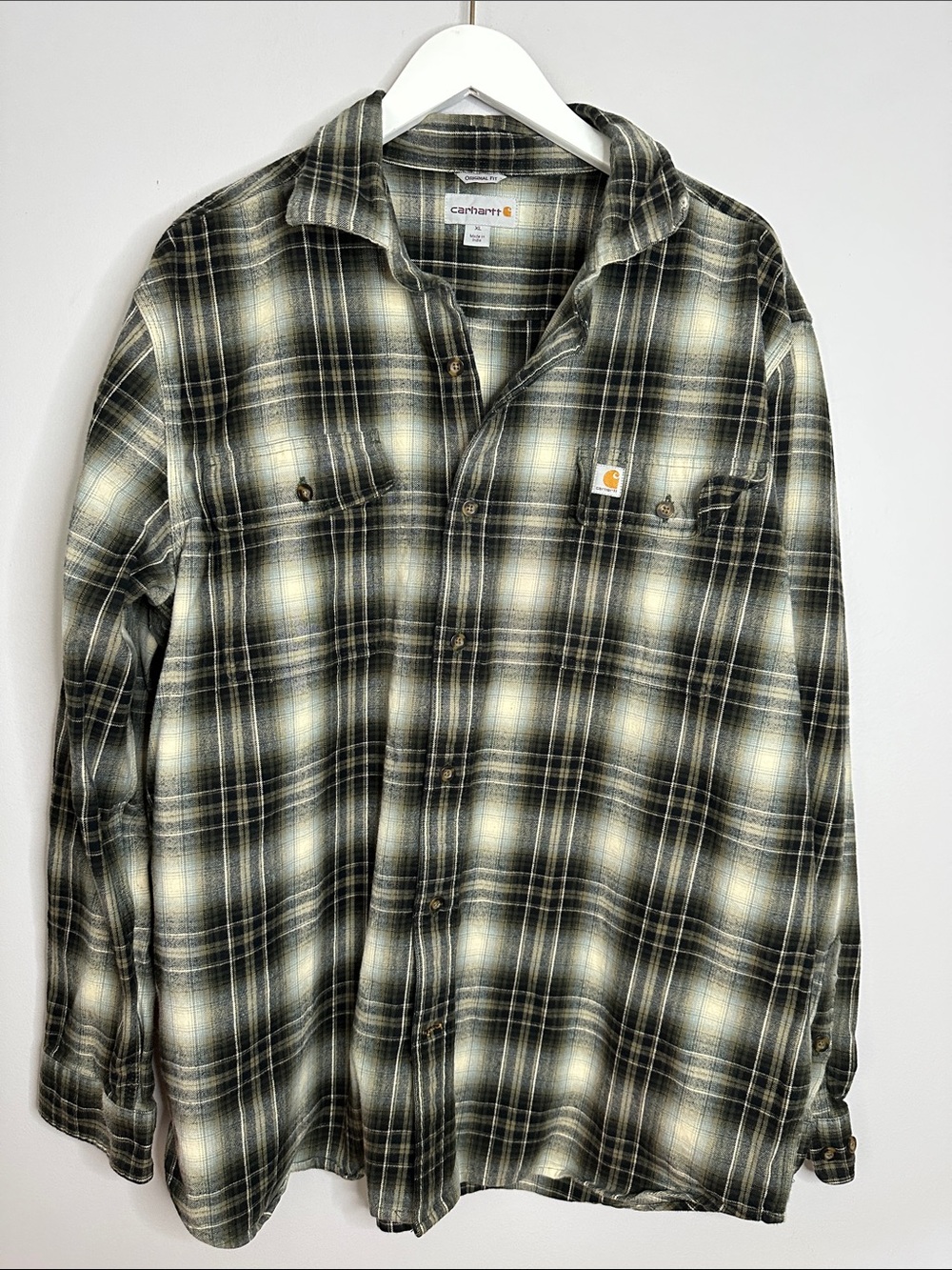 Carhartt Men’s Black and Cream Plaid Button-Down Shirt
